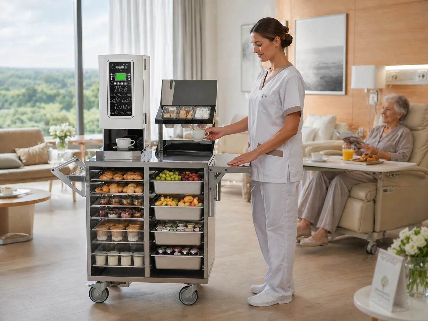 Une soignante sert un café depuis un chariot petit-déjeuner CaféMotion, dans la chambre d'une résidente